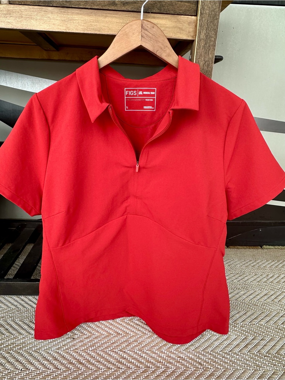 FIGS Red Short-Sleeve Zip Polo